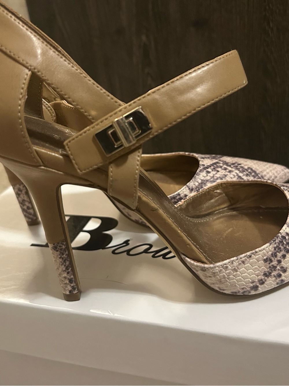 BCBG Tan Ankle-Strap Heels with Snake-Print Pointed Toe - Picture 2 of 4